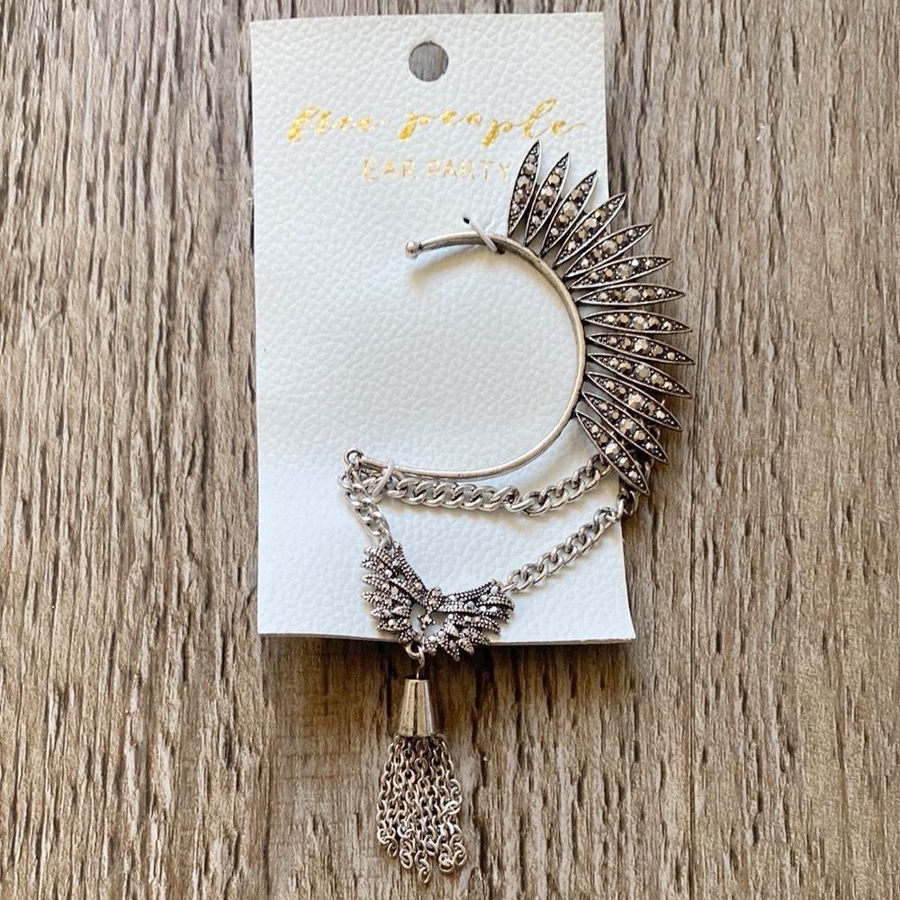 Free People Silver Sunburst Chain Tassel Ear Cuff